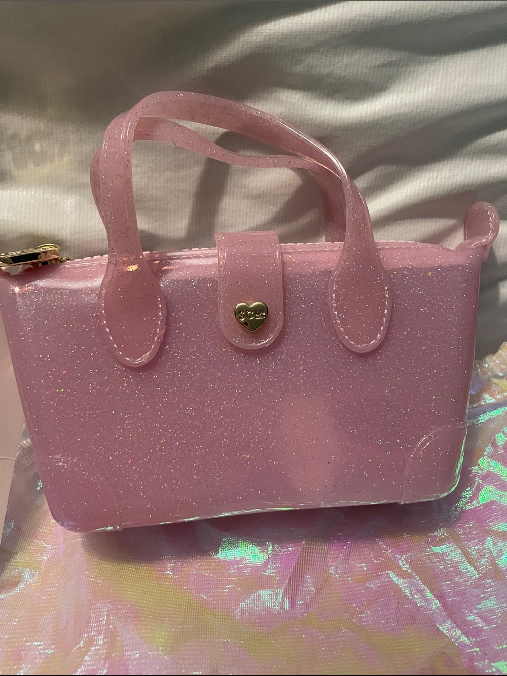 Stoney Clover Lane Pink Glitter Jelly Tote with Gold Heart 01